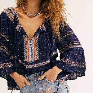 Free People Navy Embroidered Boho Top